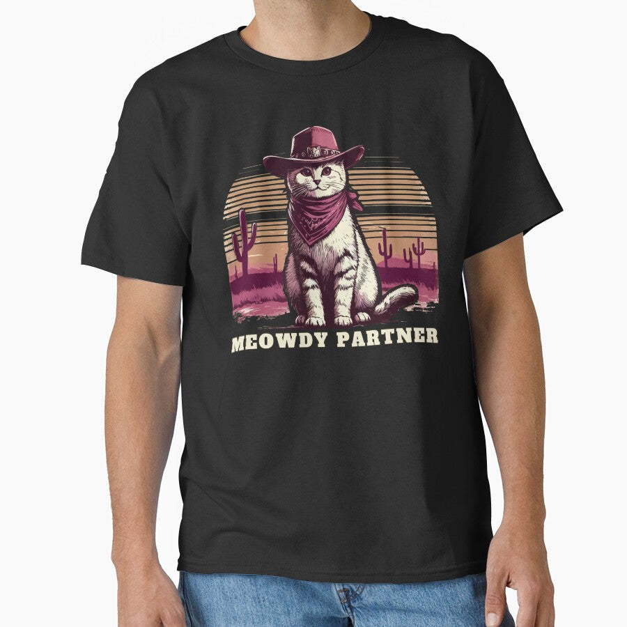 Meowdy Partner Cowboy Cat Desert Landscape Vintage by TomFrontierArt T-Shirts, Hoodie, Sweatshirt | BlankRebels.com (Image 1)