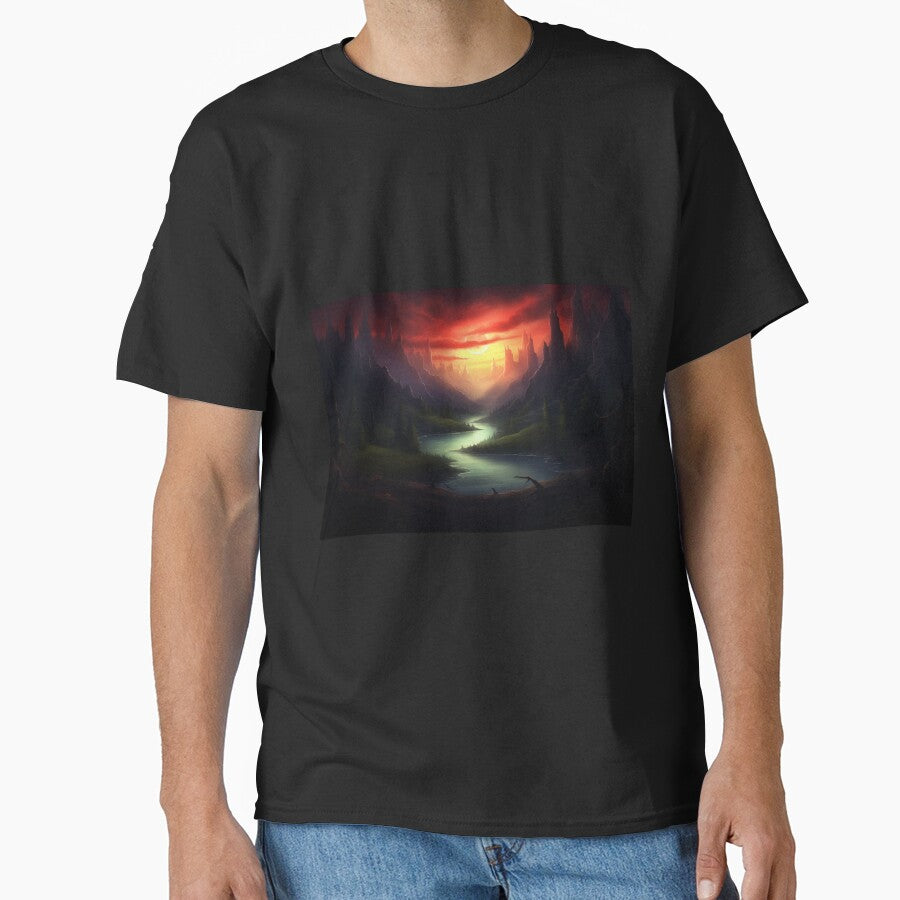 Dark Fantasy Landscape - Red Sunset by Fantasy Masterpiece T-Shirts, Hoodie, Sweatshirt | BlankRebels.com (Image 1)
