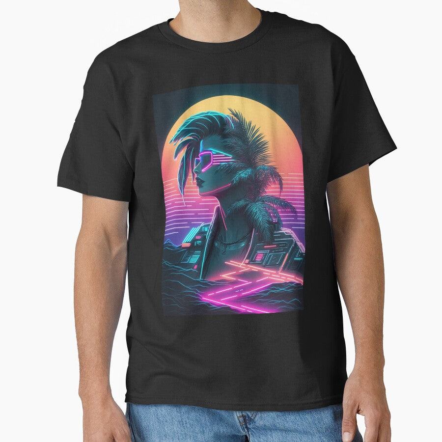 Cyber Twilight: Sunset with a Synthwave Female Cyborg by Mullet Monkey T-Shirts, Hoodie, Sweatshirt (Image 1)
