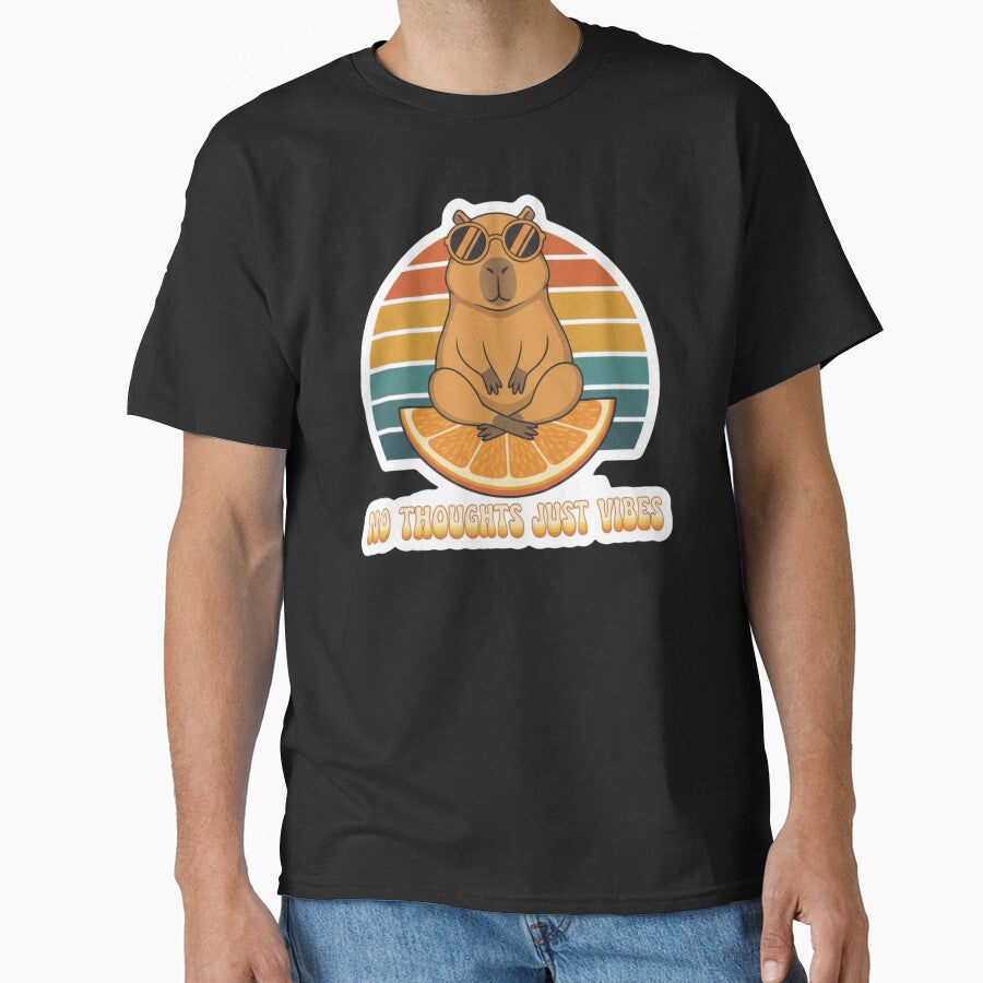 Funny Capybara on Orange Fruit No Thoughts Just Vibes Retro Sticker by TshirtAlles T-Shirts, Hoodie, Sweatshirt (Image 1)