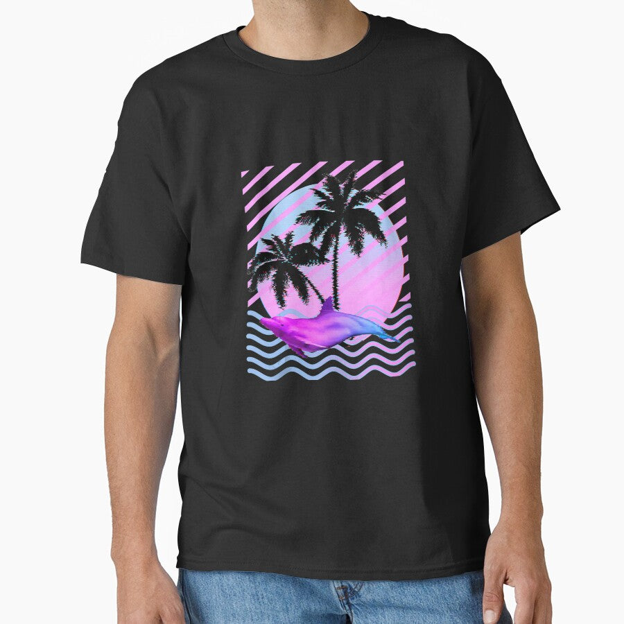 Palm Tree and Vaporwave Dolphin in Aesthetic 80s Glitch Art by SeleneFrances T-Shirts, Hoodie, Sweatshirt (Image 1)