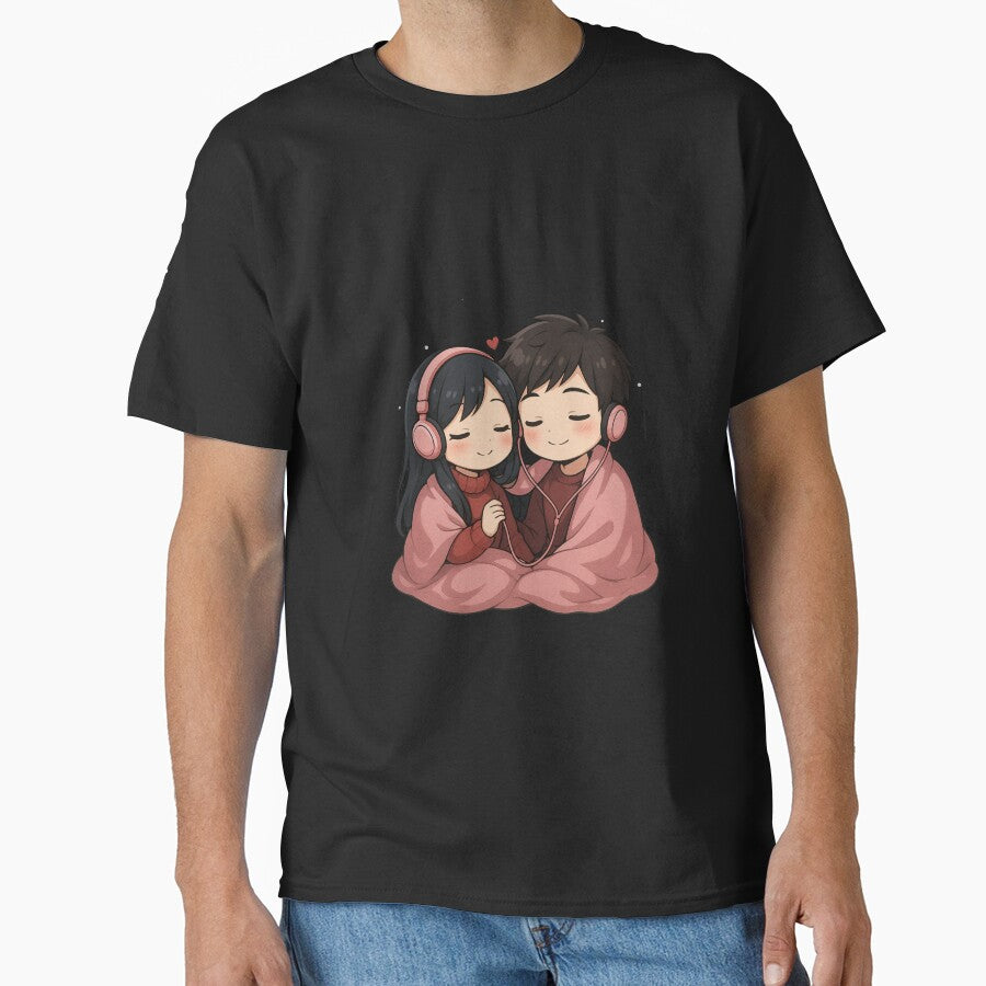 Chibi Couple Sharing Headphones – Romantic Snowy Valentine Anime Art by ColorSplash123 T-Shirts, Hoodie, Sweatshirt (Image 1)
