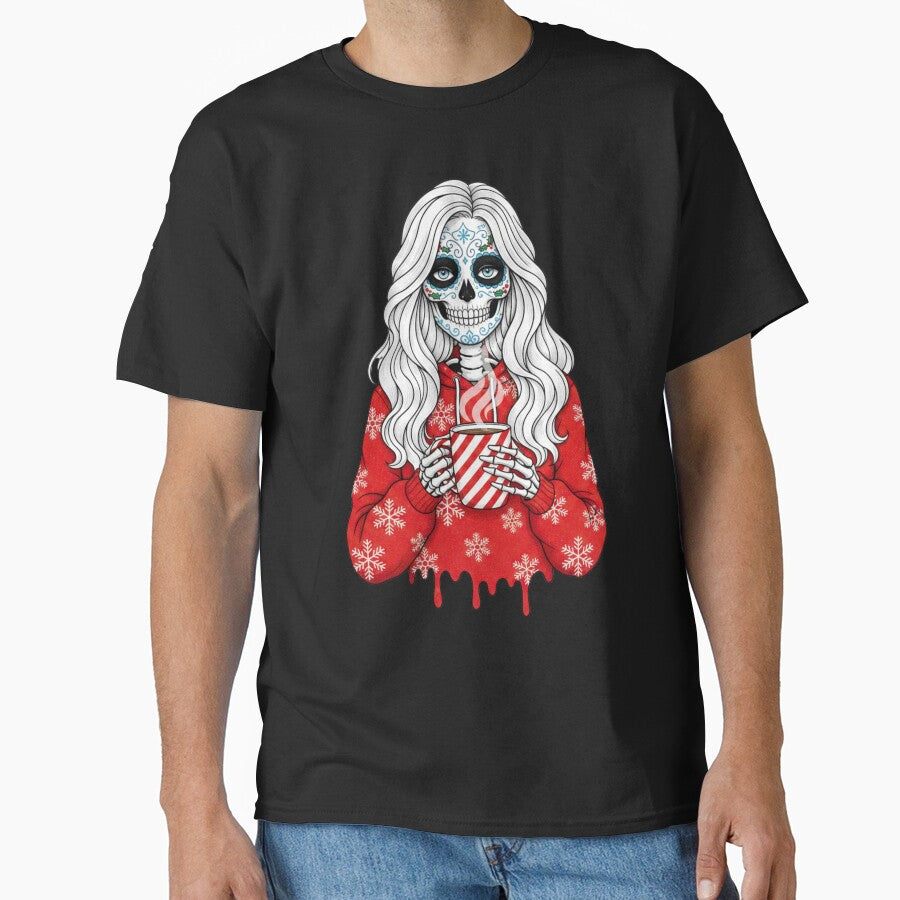 Skeleton Christmas Coffee Girl | Cute Gothic Winter Sugar Skull Art by ColorSplash123 T-Shirts, Hoodie, Sweatshirt (Image 1)