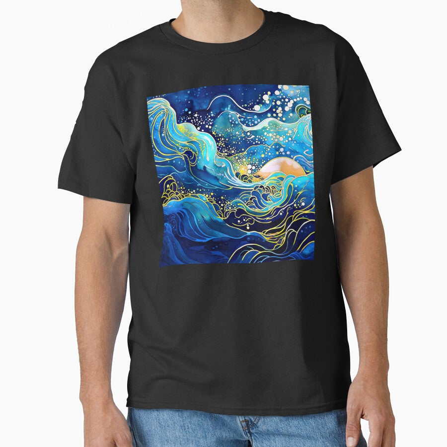 Asian-Inspired Blue Ocean Waves Abstract Design Art by DEC02 T-Shirts, Hoodie, Sweatshirt | BlankRebels.com (Image 1)