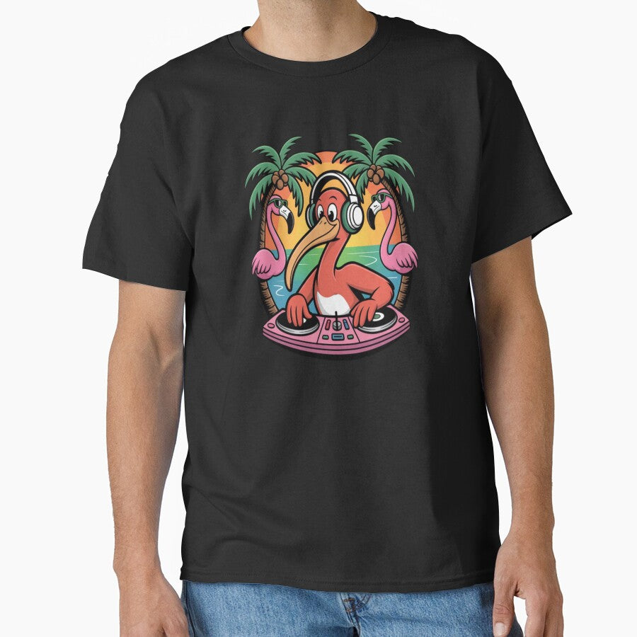 Funny Flamingo DJ Headphones Palm Trees Cartoon by DailySparks T-Shirts, Hoodie, Sweatshirt | BlankRebels.com (Image 1)