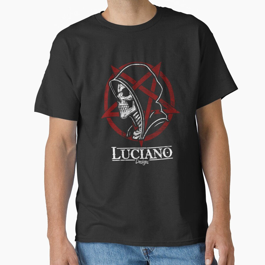Grim Reaper Skull Hoodie Shirt Dark Gothic Metal Occult Pentagram Design by BenjaminIManc Sweatshirt (Image 1)