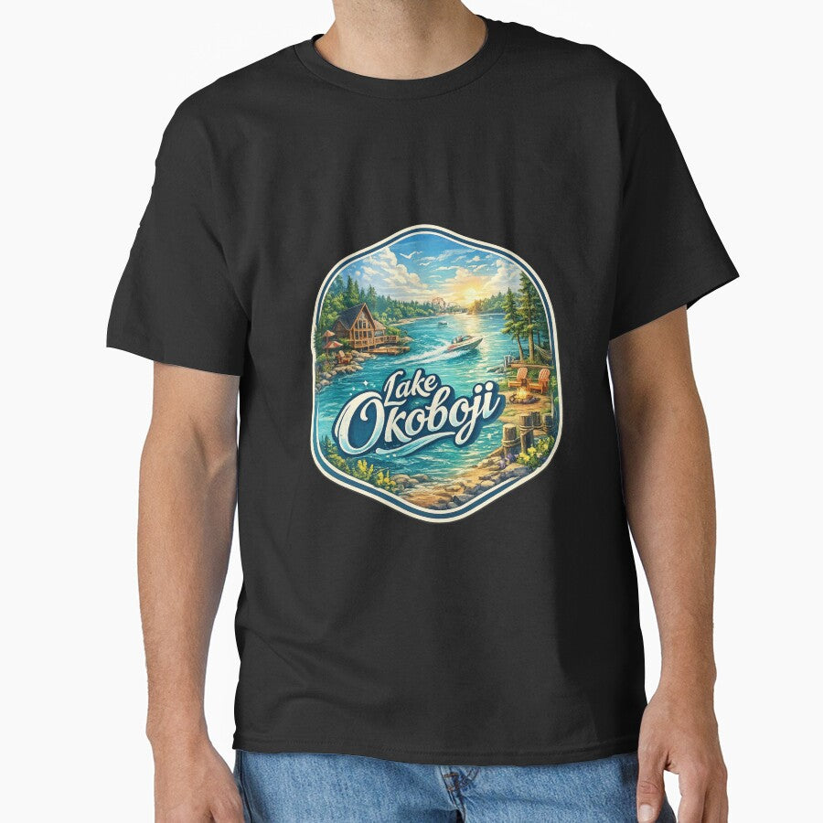 Lake Okoboji Iowa Great Lakes Region Waterfront Cabin Scene by Places On Earth T-Shirts, Hoodie, Sweatshirt (Image 1)
