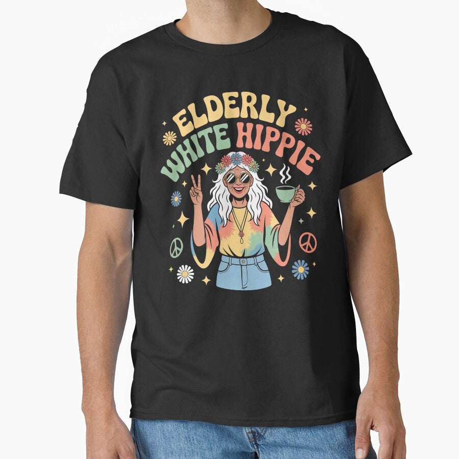 Elderly White Hippie Woman Retro Design – Peace and Love Flower Power Style by PosiMCreations T-Shirts, Hoodie,... (Image 1)