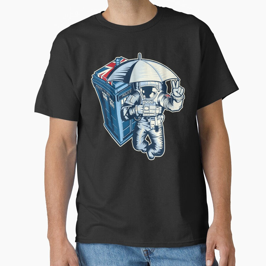 British astronaut holding an umbrella in space near a police box by robimerch T-Shirts, Hoodie, Sweatshirt (Image 1)