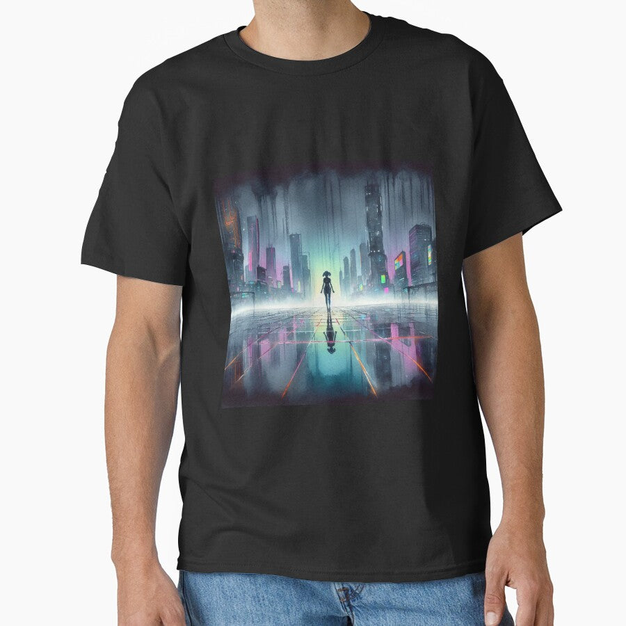 Cyberpunk Neon Silhouette Girl with Skyscrapers Background by RESToRAPTOR T-Shirts, Hoodie, Sweatshirt (Image 1)