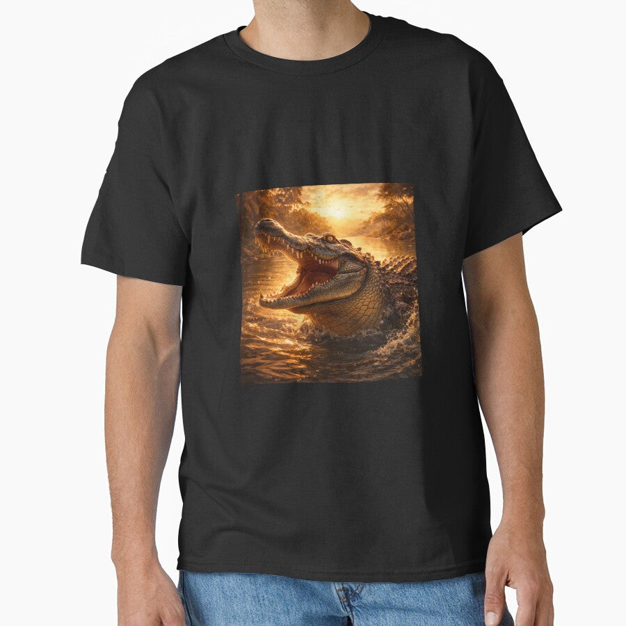 Crocodile at Golden River – Powerful Wildlife Fantasy Art by GeoWild Designs T-Shirts, Hoodie, Sweatshirt (Image 1)