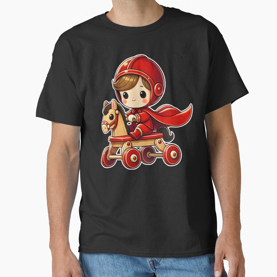 Adorable Child on Toy Horse with Red Cape - Fun and Nostalgic Cartoon Art by DrawHandArt T-Shirts, Hoodie,... (Image 1)