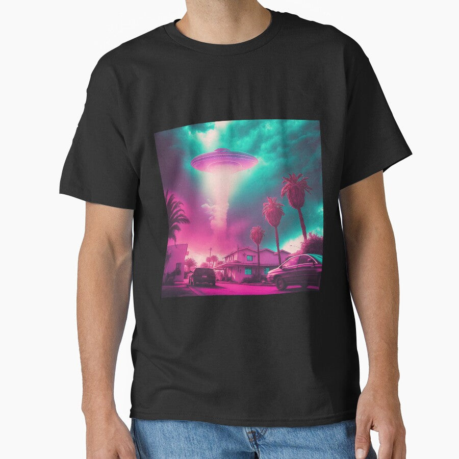Nostalgic Alien Invasion: A Vaporwave Artwork of Extraterrestrial Encounter by Mullet Monkey T-Shirts, Hoodie,... (Image 1)
