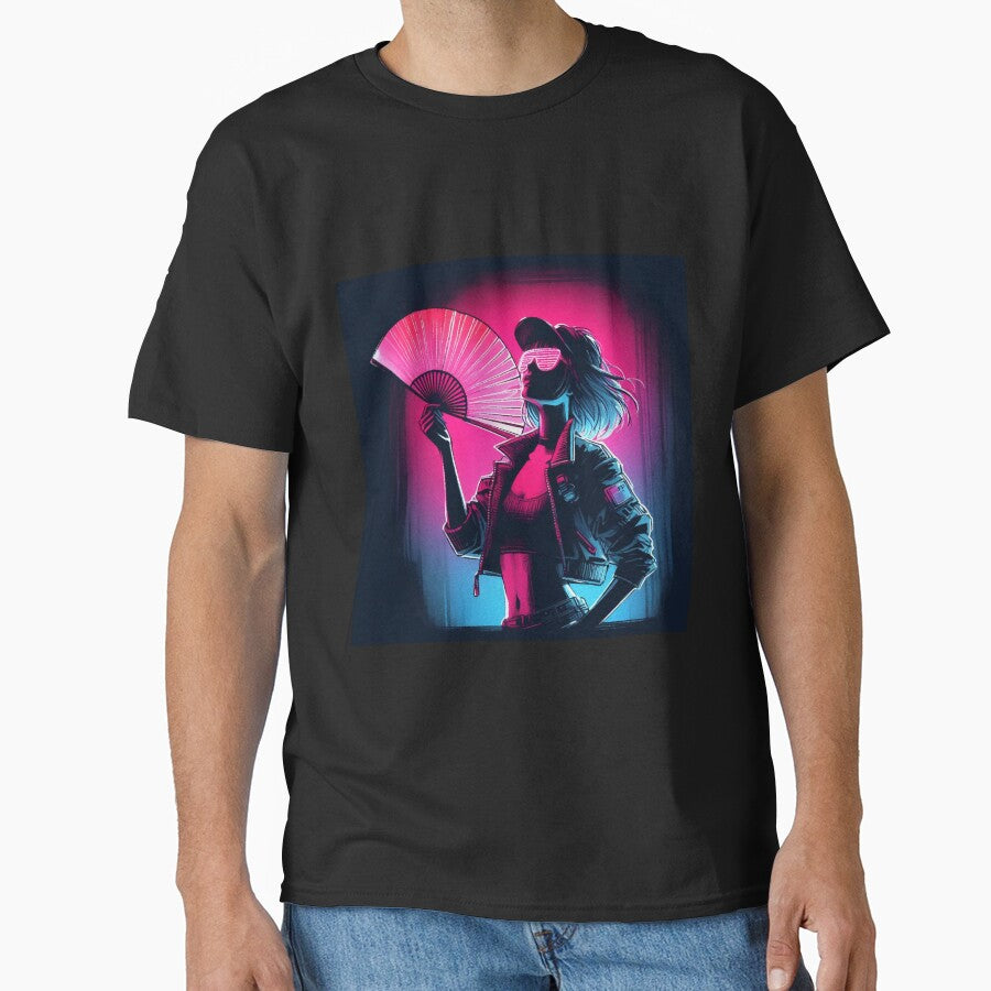 Cyberpunk Girl with a Fan Neon Synthwave by RESToRAPTOR T-Shirts, Hoodie, Sweatshirt | BlankRebels.com (Image 1)