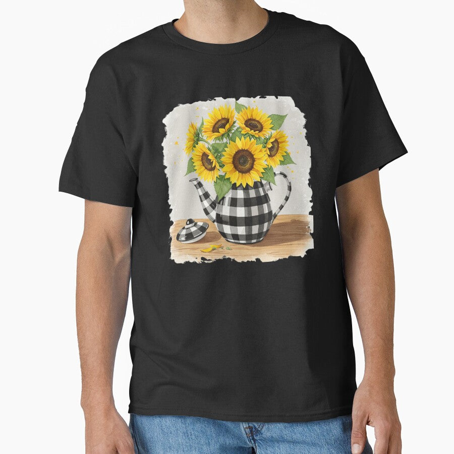 white checked teapot sunflower classic tshirt by anandsiva2703 Hoodie, Sweatshirt | BlankRebels.com (Image 1)