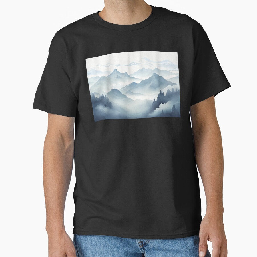 Foggy mountain range or land with forest trees horizon view artwork by NBSStore T-Shirts, Hoodie, Sweatshirt (Image 1)