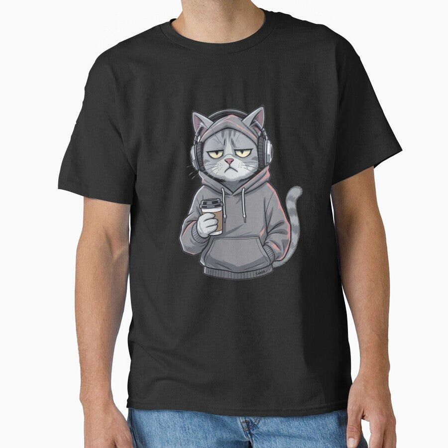 Bored Morning Cat with Coffee – Chill Hip-Hop Hoodie Cartoon by ColorSplash123 T-Shirts, Sweatshirt (Image 1)