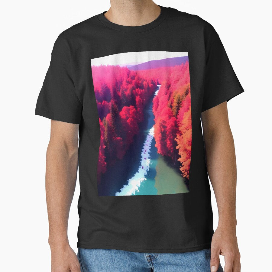 Red Forest & River View Landscape Art by supeart T-Shirts, Hoodie, Sweatshirt | BlankRebels.com (Image 1)
