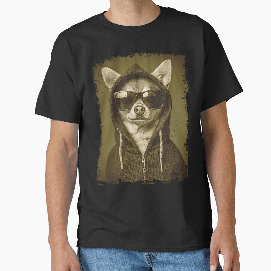 Funny pet T-shirts – Sepia Chihuahua in Hoodie and Sunglasses Vintage Grunge Style for Cool Dog Lovers and... (Image 1)