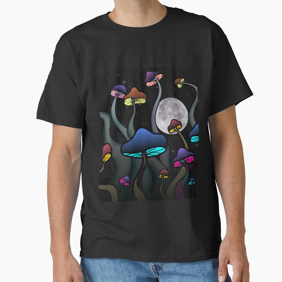 Colorful Dark Glowy Mushrooms - Version with Full Moon - Trippy Art by Lucidesigns T-Shirts, Hoodie, Sweatshirt (Image 1)