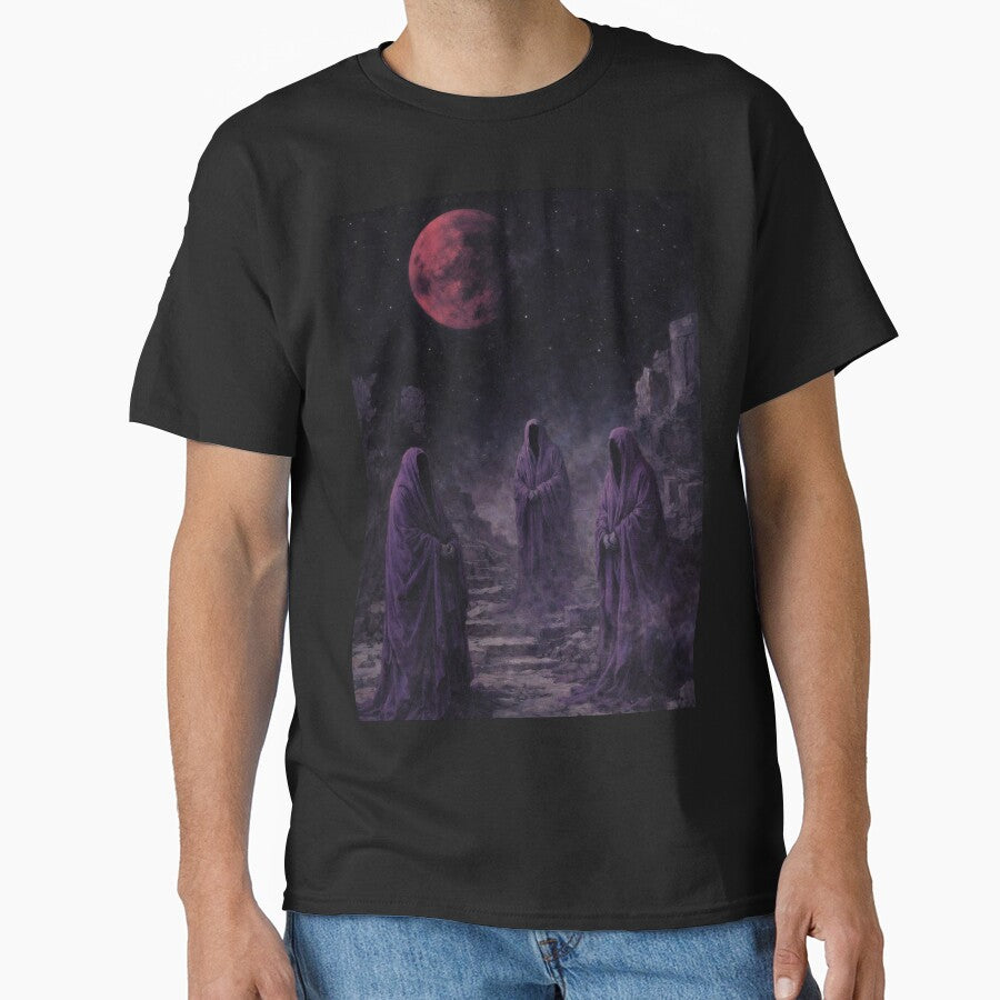 Three Veiled Figures Beneath a Red Moon – Symbolic Dark Fantasy Oil Painting by Visualynx T-Shirts, Hoodie,... (Image 1)