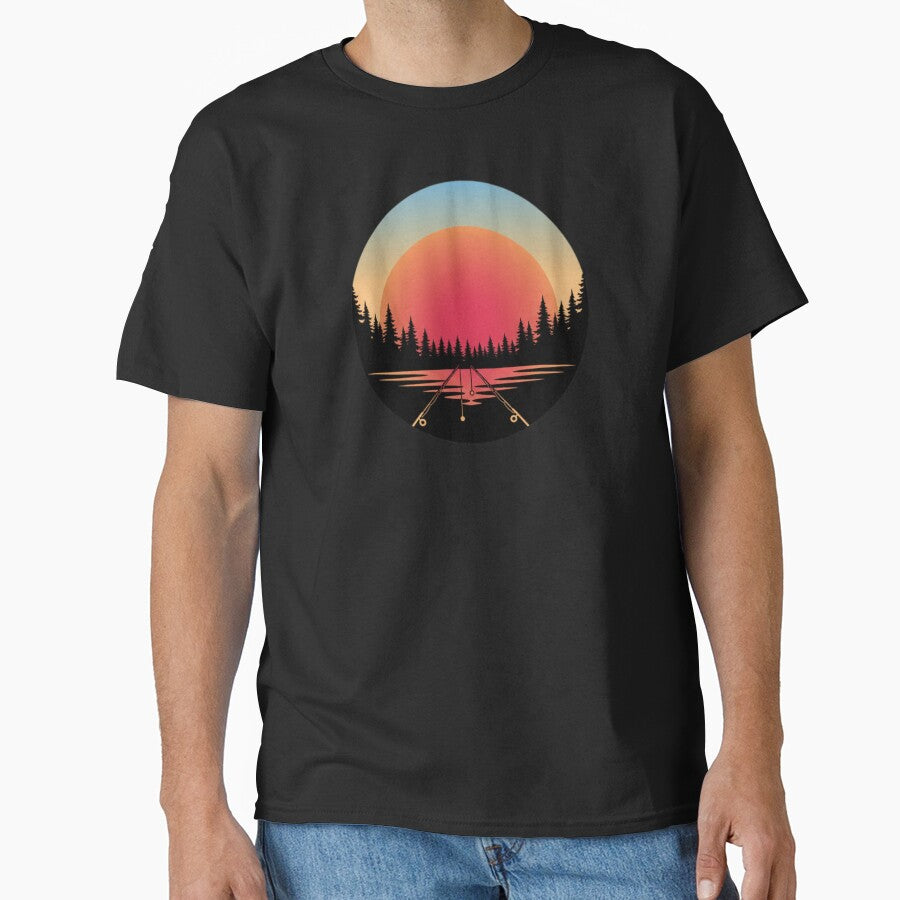 Peaceful Sunset Fishing Rod - Lake Forest Retro Sunset by DailySparks T-Shirts, Hoodie, Sweatshirt (Image 1)