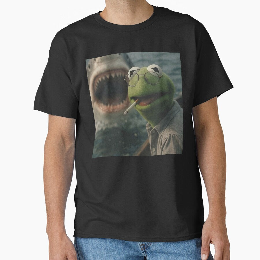 Vintage Washed Dark Humor, Smoking Frog Meme, Shark Attack Parody, Retro Cinematic by toongstudio T-Shirts,... (Image 1)