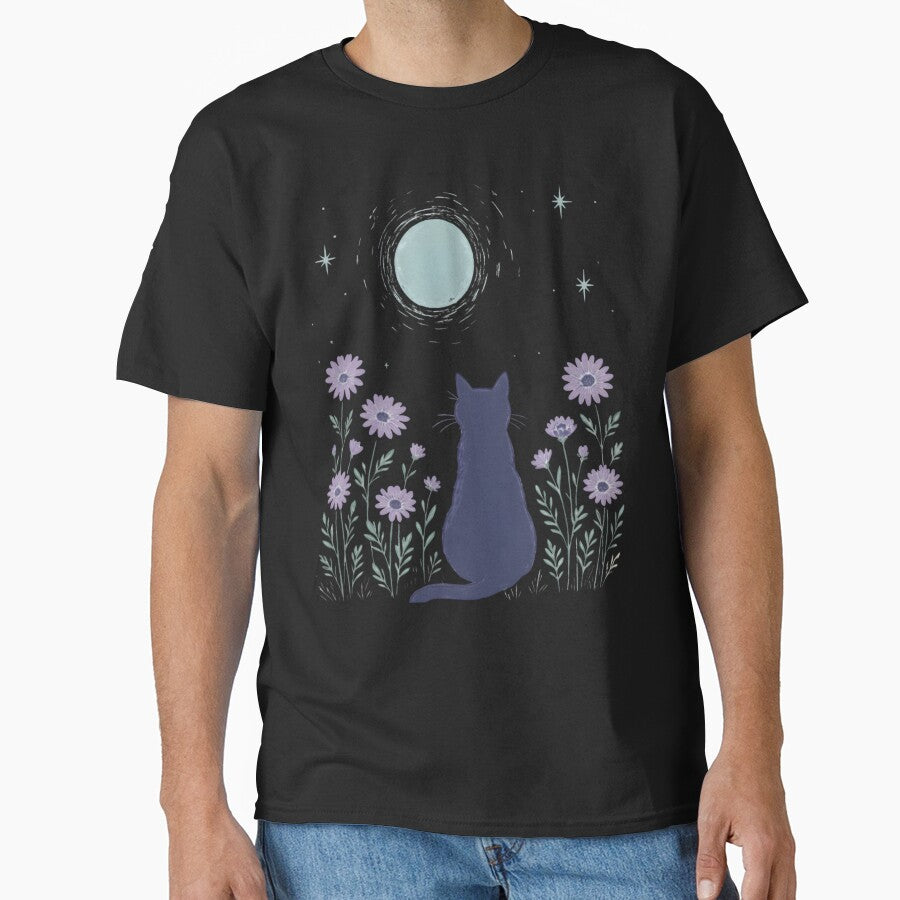 Cat Moon, Minimalist Cat Lover, Night Sky Floral, Aesthetic Nature Top, Gift for Cat Mom, Moonlight Kitty... (Image 1)
