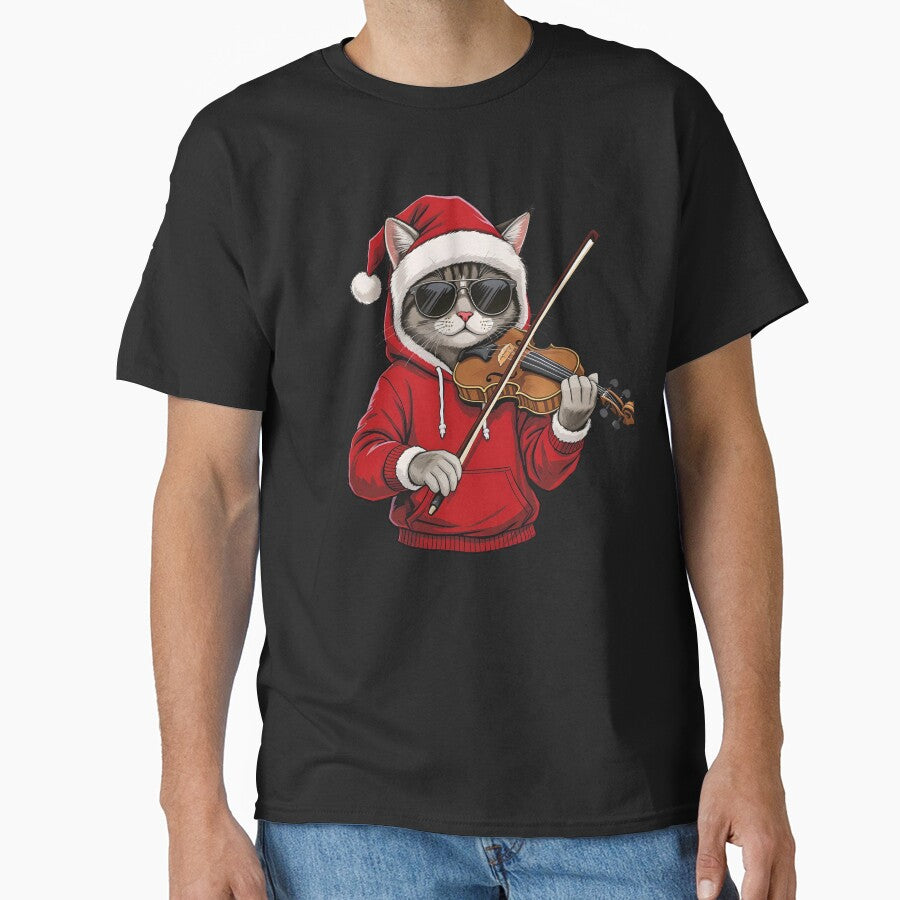 Cool Cat Playing Violin – Elegant Funny Christmas Cat Illustration by ColorSplash123 T-Shirts, Hoodie, Sweatshirt (Image 1)