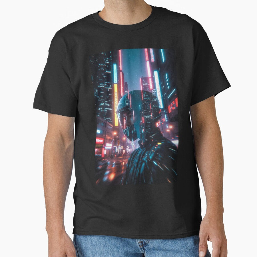 Cyberpunk Neon Rain Reflection – Futuristic Helmet in Blurred Tokyo Night by RadaQueen T-Shirts, Hoodie, Sweatshirt (Image 1)