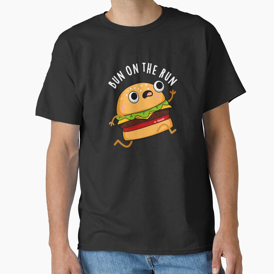 Bun On The Run Funny Burger Puns (Dark BG) by punnybone T-Shirts, Hoodie, Sweatshirt | BlankRebels.com (Image 1)