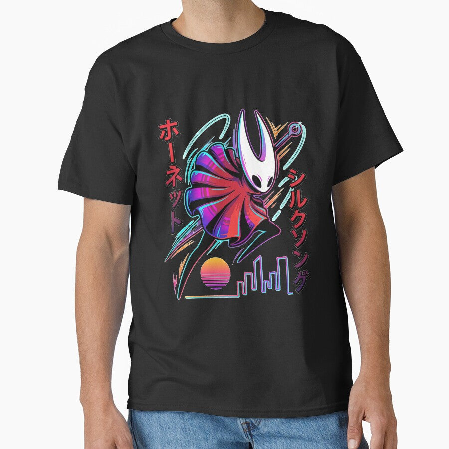 80s Synthwave Hornet Silksong T-Shirt | Hollow Knight Retrowave Neon Grid Hoodie | Retro Vaporwave Gaming Merch... (Image 1)