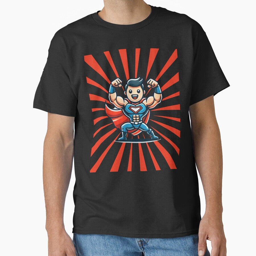Cartoon Superhero Flexing Muscles in Action by AnyMar2023 T-Shirts, Hoodie, Sweatshirt | BlankRebels.com (Image 1)