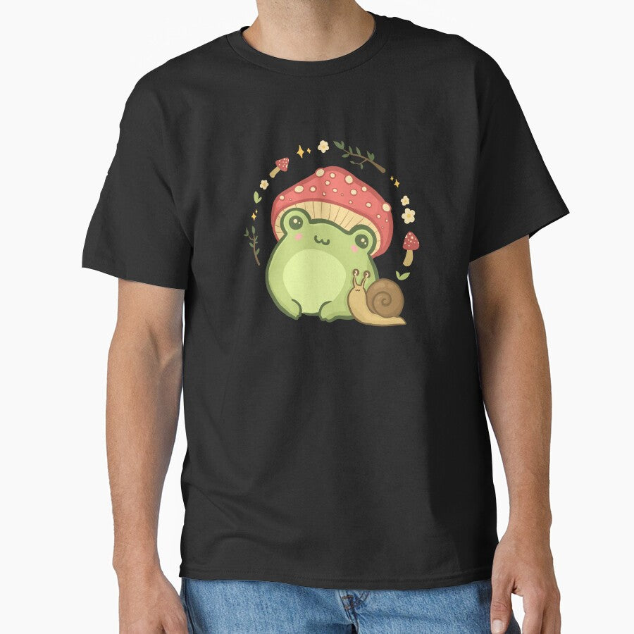 Cute Kawaii Frog with Toadstool Mushroom Hat and Snail: Cottagecore Aesthetic Love by MinistryOfFrogs T-Shirts,... (Image 1)
