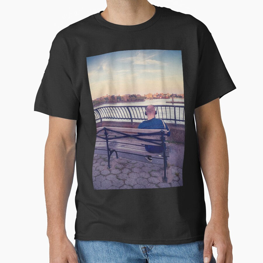 Sunset Carl Schulz Park Bench Lonely Man Manhattan New York City by eleonoraingrid T-Shirts, Hoodie, Sweatshirt (Image 1)