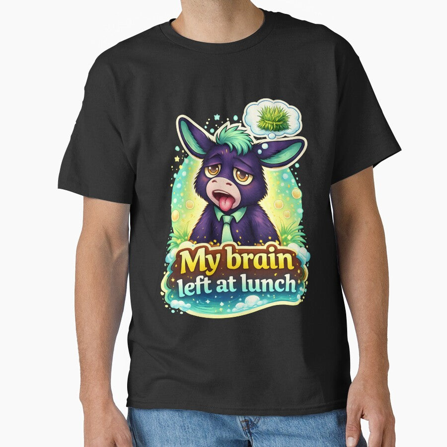 Funny Life of Donkey Cartoon with text "My Brain left at lunch" | Sarcastic Human Mind Humor Illustration | Relatable Human Life Art Premium T-shirt by Holadiseno