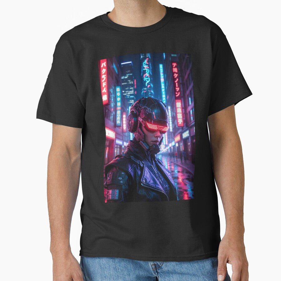 Cyberpunk Neon Visor Warrior – Futuristic Helmet in Rainy Tokyo Streets by RadaQueen T-Shirts, Hoodie, Sweatshirt (Image 1)