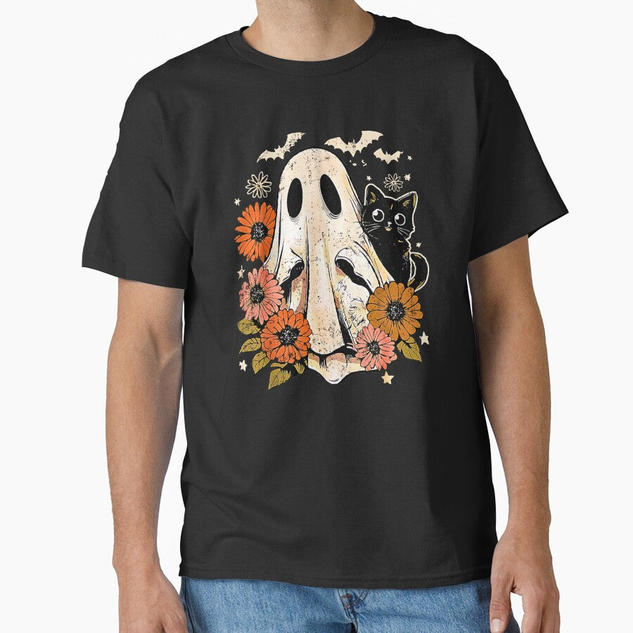 Vintage Halloween Ghost Holding Black Cat Groovy Floral by kawaiivsglitch T-Shirts, Hoodie, Sweatshirt (Image 1)
