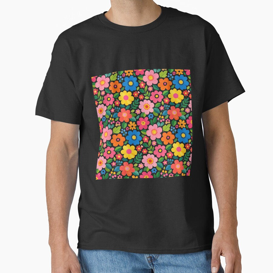 Bold Folk Floral Pattern – Colorful Modern Botanical on Black by Velavue T-Shirts, Hoodie, Sweatshirt (Image 1)