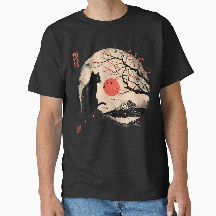 Black Cat Vintage Japan Art Japanese Theme Retro Print by charlettebren T-Shirts, Hoodie, Sweatshirt (Image 1)