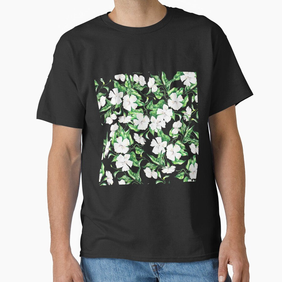 Delicate white flowers, botanical watercolour, green leaves, white flowers pattern, botanical pattern, greenery... (Image 1)