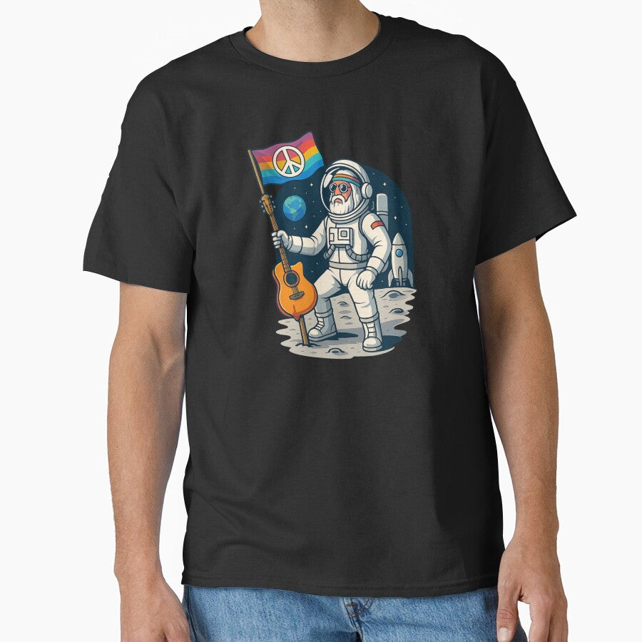 Elderly White Hippie Astronaut – Moon Peace Flag Guitar Design by Lunaria Arts T-Shirts, Hoodie, Sweatshirt (Image 1)