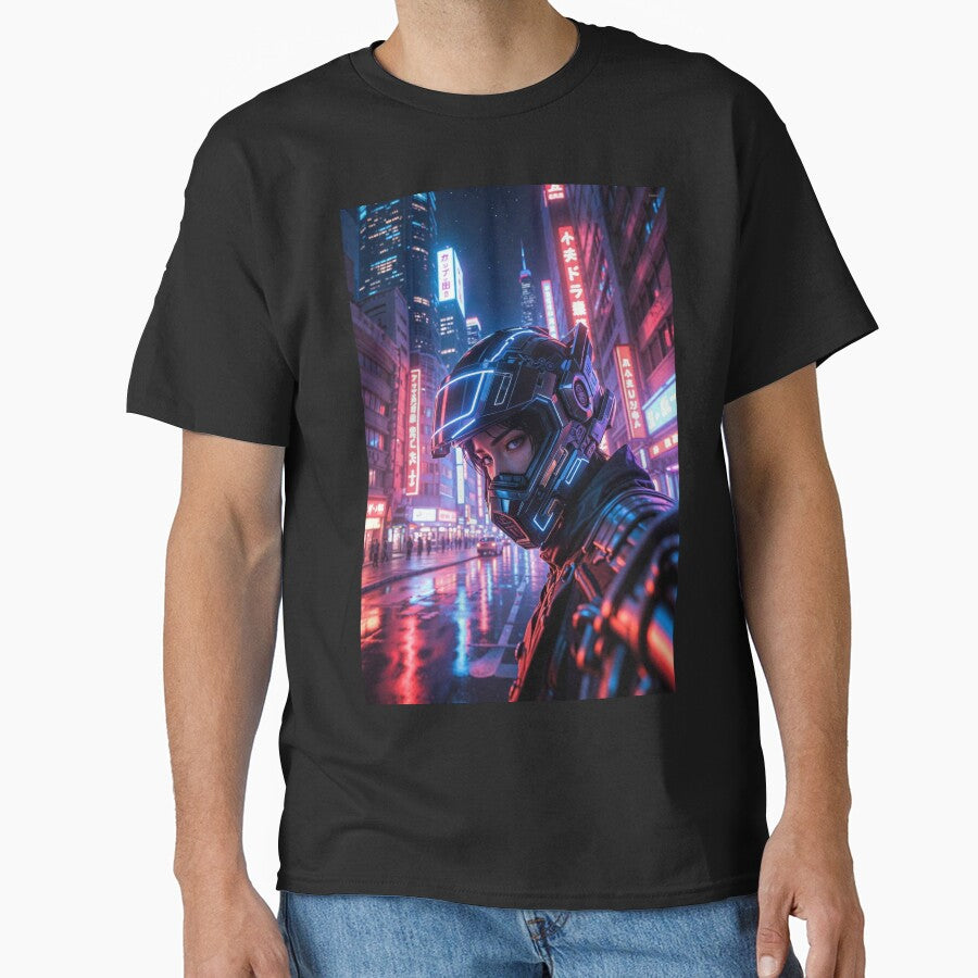 Cyberpunk Neon Female Enforcer – Futuristic Helmet in Rainy Japanese Megacity by RadaQueen T-Shirts, Hoodie,... (Image 1)