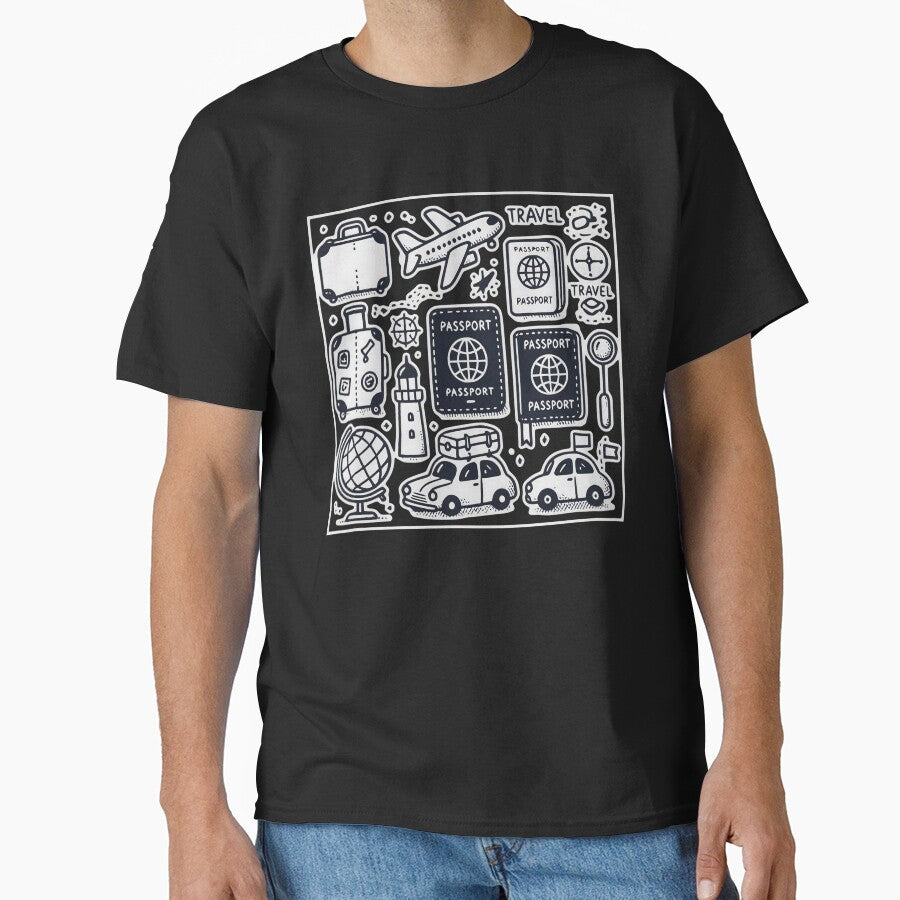 Whimsical Minimalist Travel Icons Passport Adventure Illustration by UniqueCraftsnCo T-Shirts, Hoodie, Sweatshirt (Image 1)