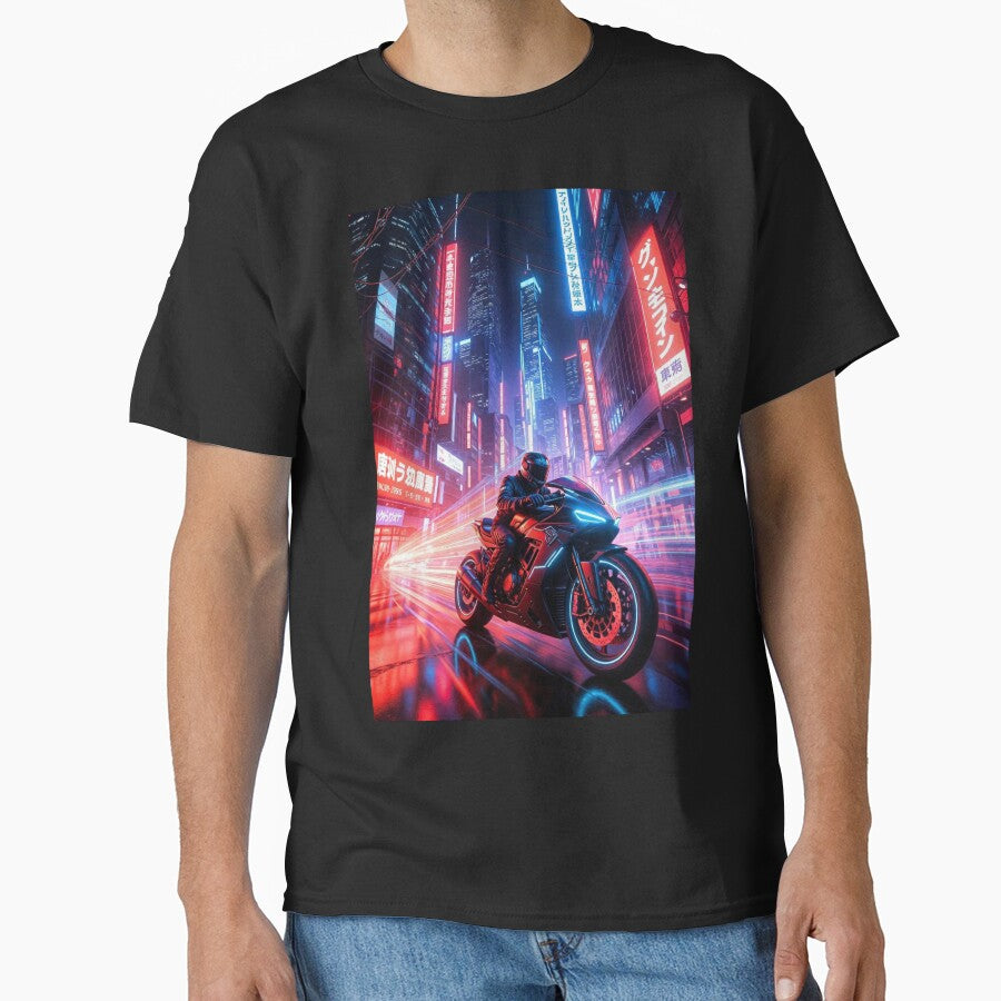 Cyberpunk Neon Speed Demon – Futuristic Motorcycle Chase in Japanese Night City by RadaQueen T-Shirts, Hoodie,... (Image 1)