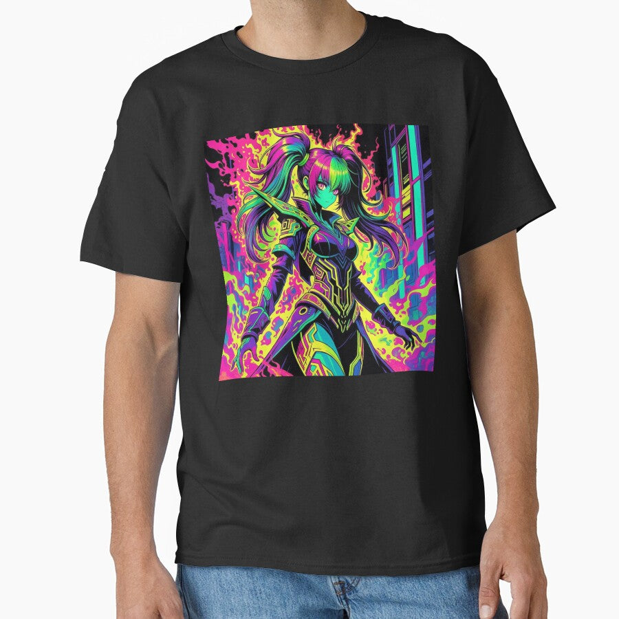 Cyber Flame: Neon Anime Warrior T-Shirts, Hoodie, Sweatshirt