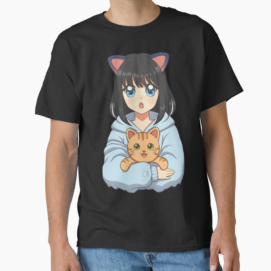 Kawaii Anime Girl with Cat Ears Holding Ginger Tabby Kitten Art by DrawHandArt T-Shirts, Hoodie, Sweatshirt (Image 1)