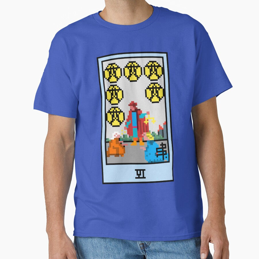 Wait, is this pixel art tarot? Blue - Minor Arcana 'Six of Pentacles' (Design for T-shirt, stickers and other... (Image 1)