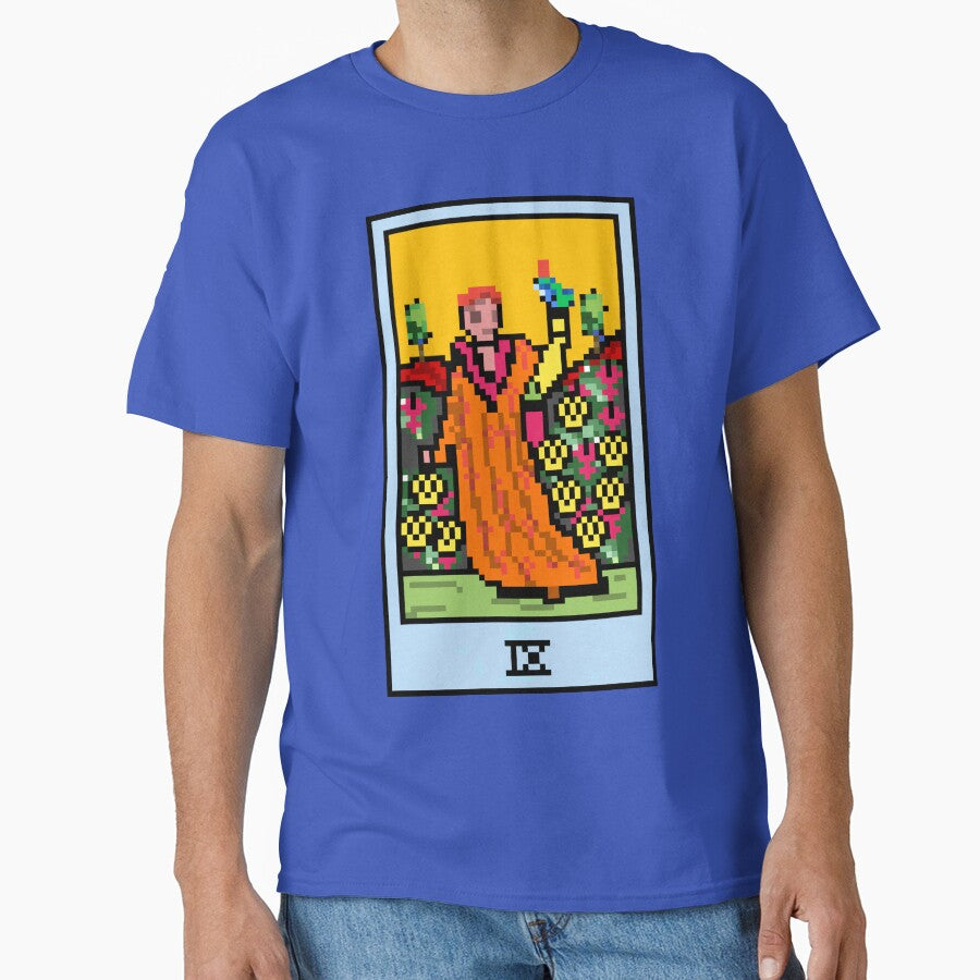 Wait, is this pixel art tarot? Blue - Minor Arcana 'Nine of Pentacles' (Design for T-shirt, stickers and other... (Image 1)