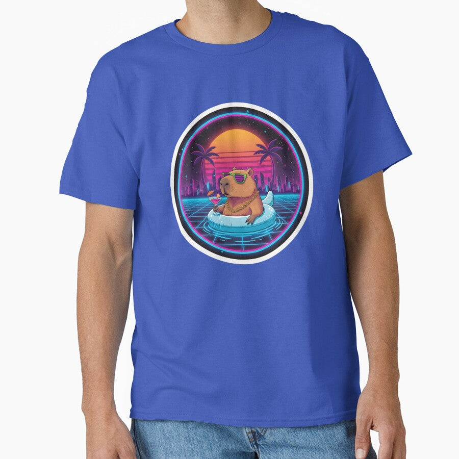 Chill Capybara Vaporwave Dream Sticker | Retro Neon Pool Party Animal | 80s Synthwave Summer Vibe by... (Image 1)
